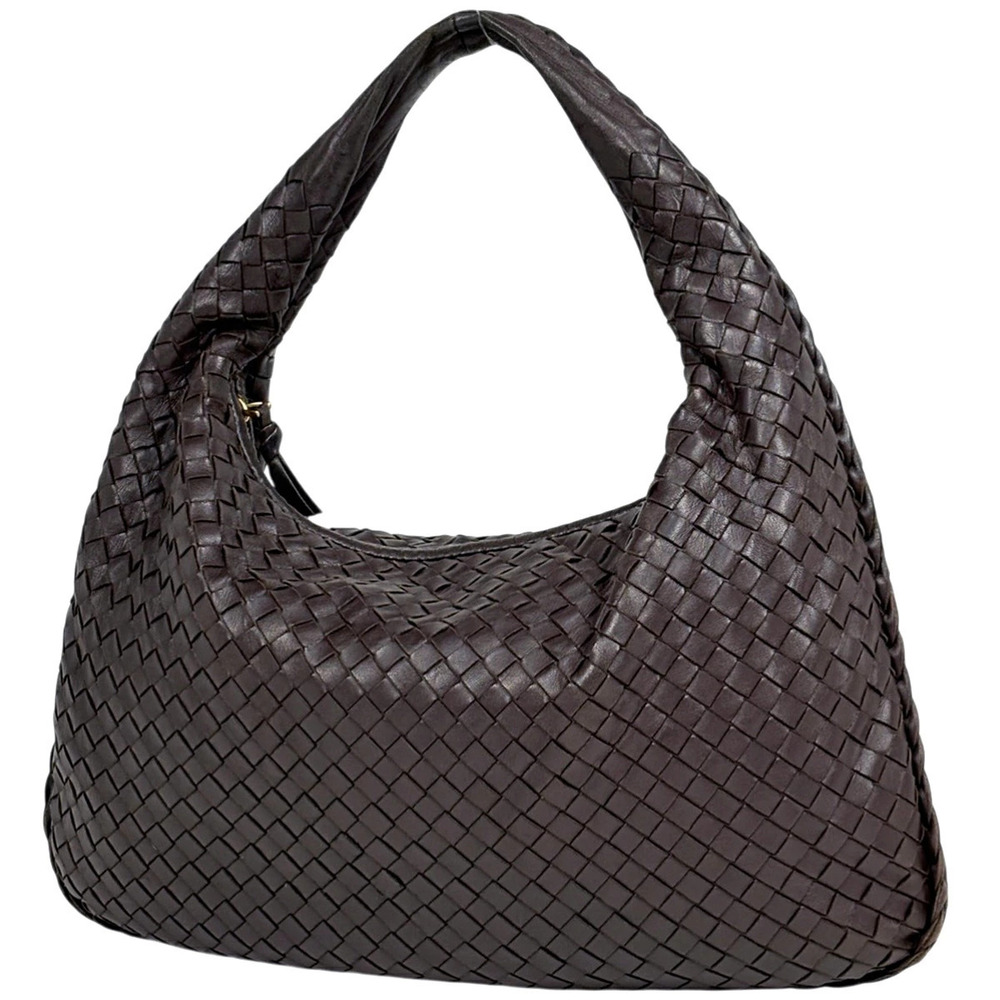 Bottega Veneta Intrecciato Shoulder Bag Hobo Handbag Leather Dark Brown